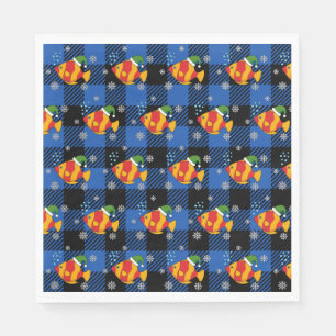 Xmas Tropical Fish Cartoon on Blue Buffalo Pattern Napkin