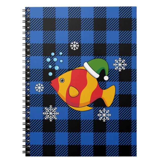 Xmas Tropical Fish Cartoon on Blue Buffalo Pattern Notebook (Front)