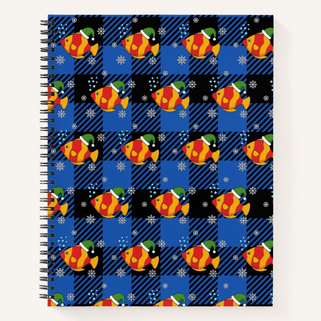 Xmas Tropical Fish Cartoon on Blue Buffalo Pattern Notebook (Front)