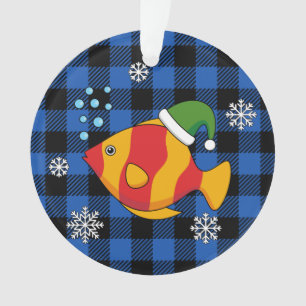 Xmas Tropical Fish Cartoon on Blue Buffalo Pattern Ornament