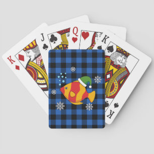 Xmas Tropical Fish Cartoon on Blue Buffalo Pattern Playing Cards