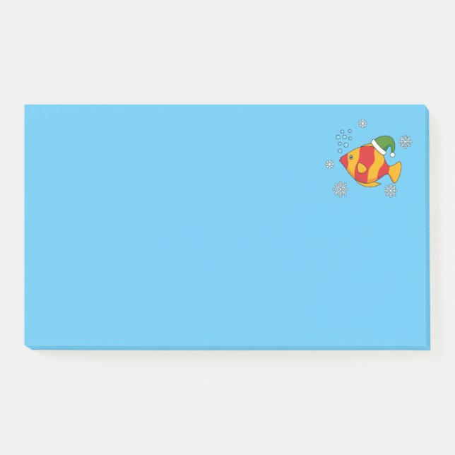 Xmas Tropical Fish Cartoon on Blue Buffalo Pattern Post-it Notes (Front)