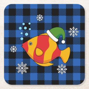 Xmas Tropical Fish Cartoon on Blue Buffalo Pattern Square Paper Coaster