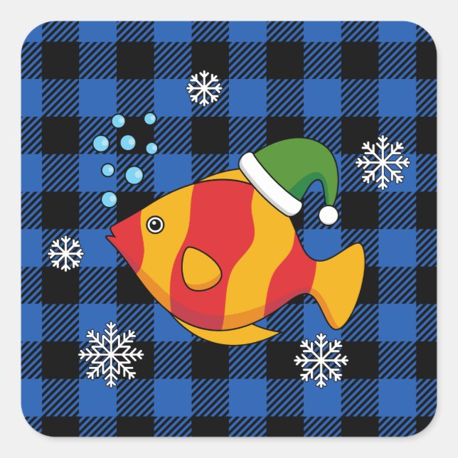 Xmas Tropical Fish Cartoon on Blue Buffalo Pattern Square Sticker (Front)