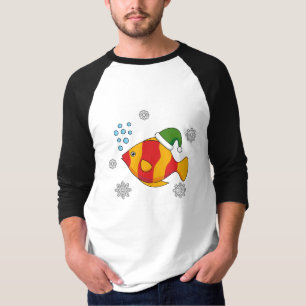 Xmas Tropical Fish Cartoon on Blue Buffalo Pattern T-Shirt