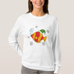 Xmas Tropical Fish Cartoon on Blue Buffalo Pattern T-Shirt