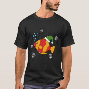 Xmas Tropical Fish Cartoon on Blue Buffalo Pattern T-Shirt