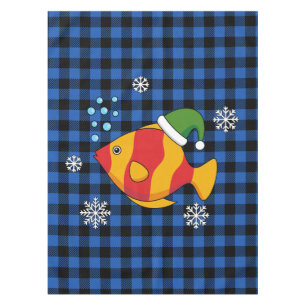 Xmas Tropical Fish Cartoon on Blue Buffalo Pattern Tablecloth