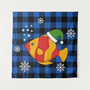 Xmas Tropical Fish Cartoon on Blue Buffalo Pattern Tapestry