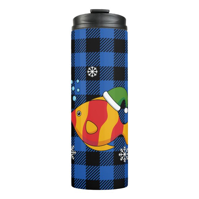 Xmas Tropical Fish Cartoon on Blue Buffalo Pattern Thermal Tumbler (Front)