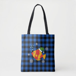 Xmas Tropical Fish Cartoon on Blue Buffalo Pattern Tote Bag