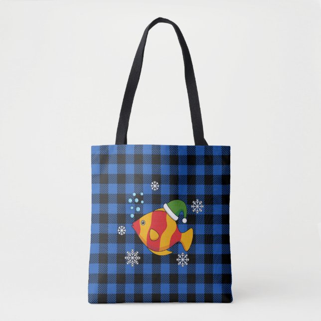 Xmas Tropical Fish Cartoon on Blue Buffalo Pattern Tote Bag (Front)