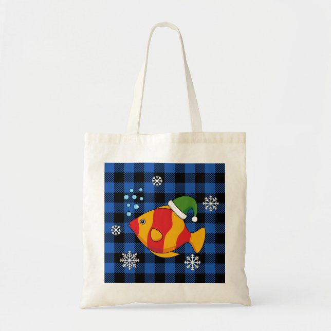 Xmas Tropical Fish Cartoon on Blue Buffalo Pattern Tote Bag (Front)