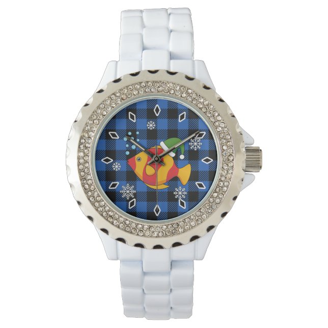 Xmas Tropical Fish Cartoon on Blue Buffalo Pattern Watch (Front)