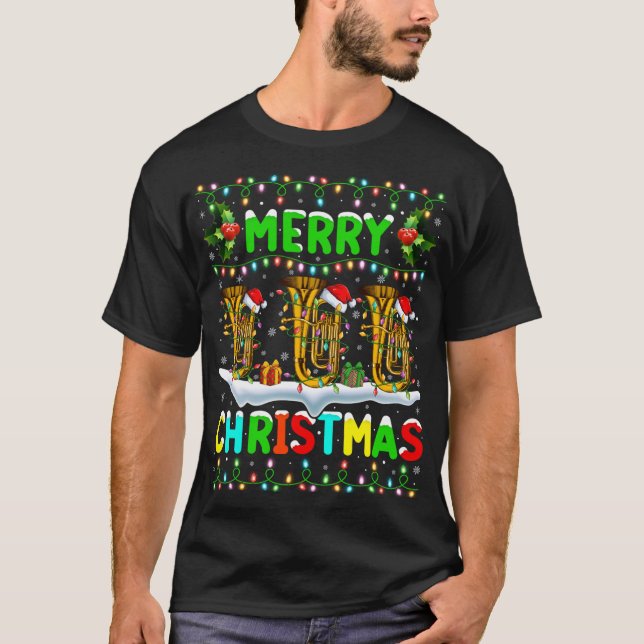 Xmas Tuba Lighting Santa Hat Merry Christmas Tuba T-Shirt (Front)