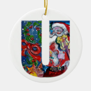 XMAS U LETTER /SANTA  CLAUS WITH VIOLIN MONOGRAM CERAMIC ORNAMENT