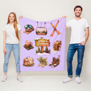 Xmas Vintage Retro Skiing Couple Outdoor Lavender Fleece Blanket