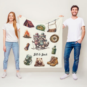 Xmas Vintage Ski Couple Racoon Outdoor Off White Fleece Blanket