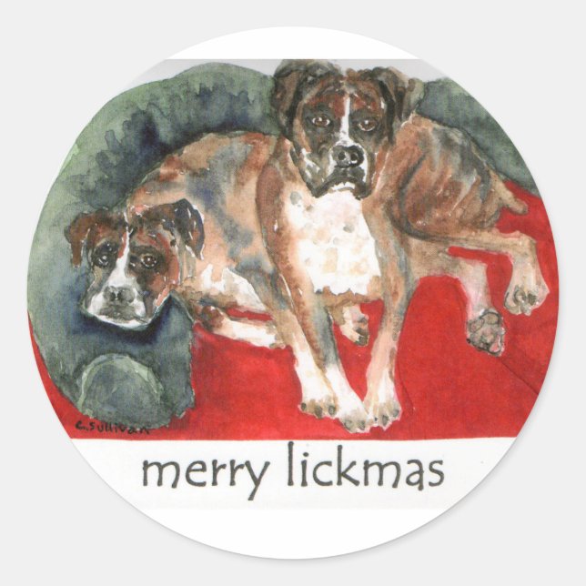 xmas watercolor boxer dogs merry lickmas classic round sticker (Front)