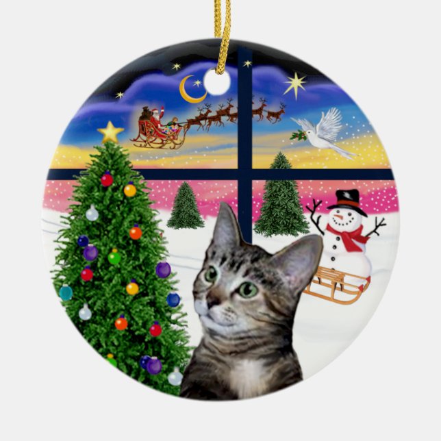 Xmas Window - Brown Tabby Tiger cat Ceramic Ornament (Front)