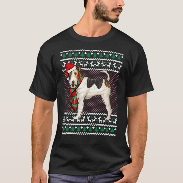 Xmas Wire Fox Terrier Dog Santa Hat Ugly Christmas T-Shirt (Front)