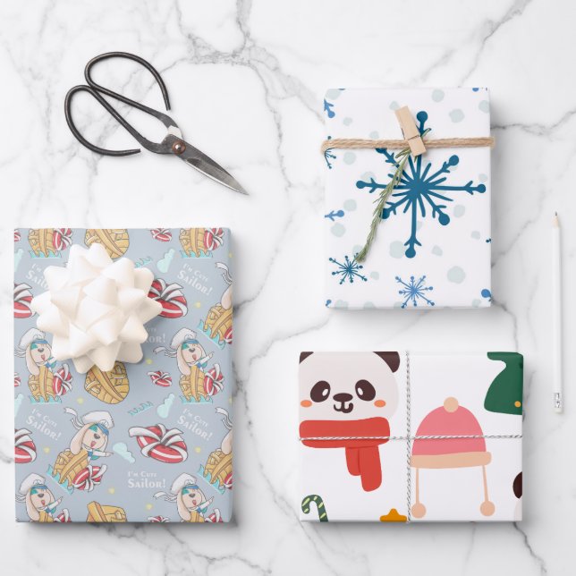 Xmas Wrapping Paper Flat Sheet Set of 3 (Front)