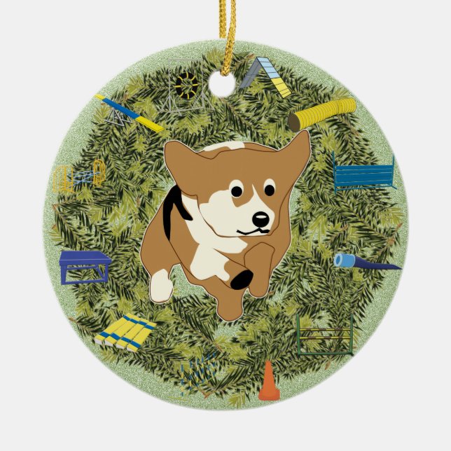 Xmas Wreath Agility Corgi Ceramic Ornament (Front)