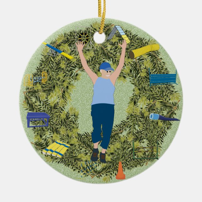 Xmas Wreath Agility Handler 2 Ceramic Tree Decoration (Front)
