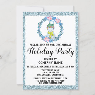 Xmas Wreath Company Holiday Party Blue Glitter Invitation
