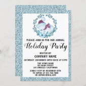 Xmas Wreath Company Holiday Party Blue Glitter Invitation (Front/Back)