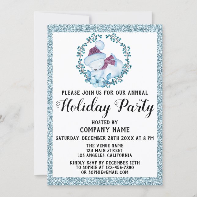 Xmas Wreath Company Holiday Party Blue Glitter Invitation (Front)