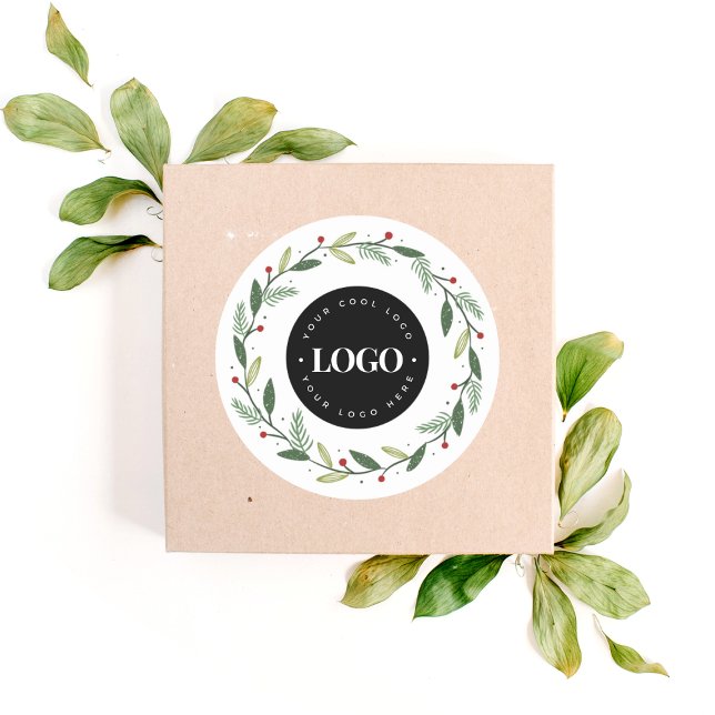 Xmas Wreath & Your Custom Logo Here Business Classic Round Sticker (Creator Uploaded)