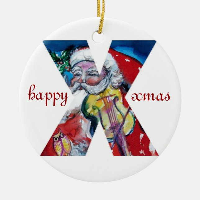 XMAS X LETTER /SANTA  CLAUS WITH VIOLIN MONOGRAM CERAMIC ORNAMENT (Front)