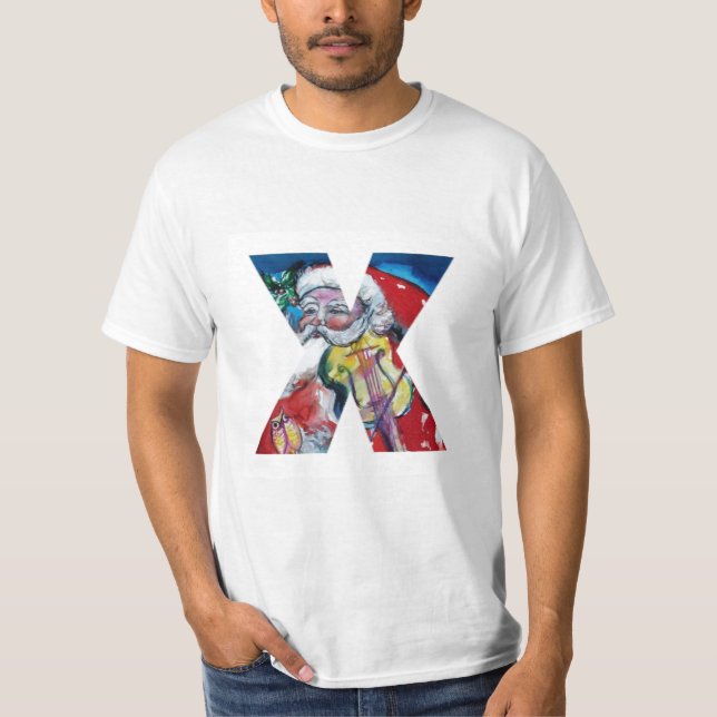 XMAS X LETTER /SANTA  CLAUS WITH VIOLIN MONOGRAM T-Shirt (Front)