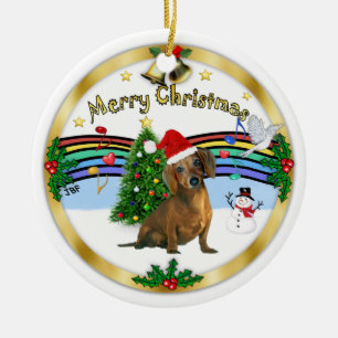 Xmas ZMusic 1 - MC - Brown Dachshund (hat) Ceramic Ornament