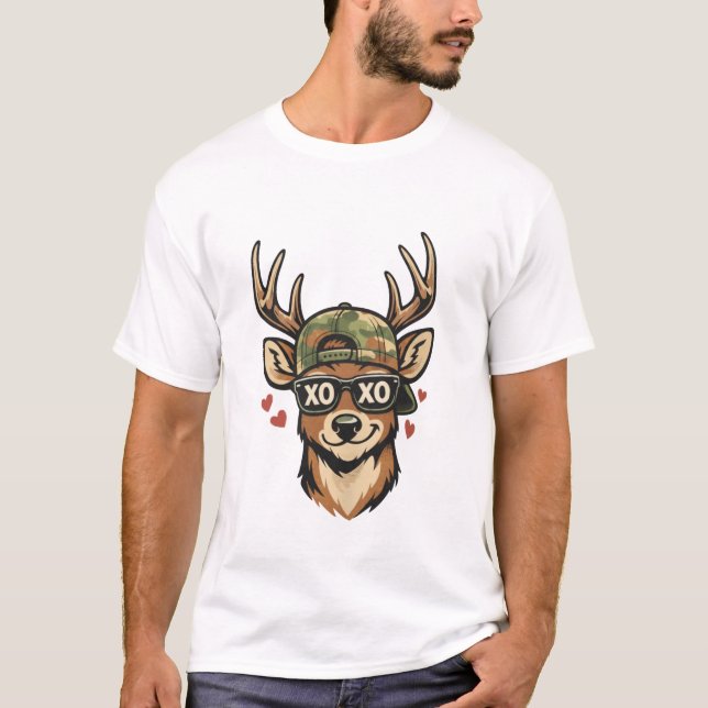 XO Deer in Camouflage Hat – Funny Valentine Design T-Shirt (Front)