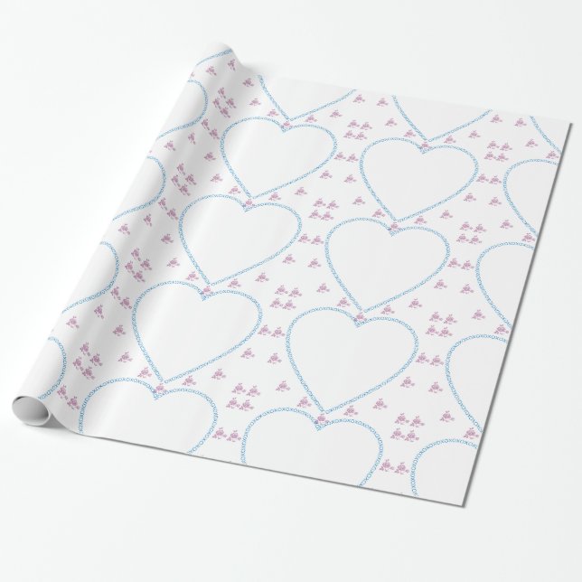 XO Heart Frame Blue and Purple Wrapping Paper (Unrolled)