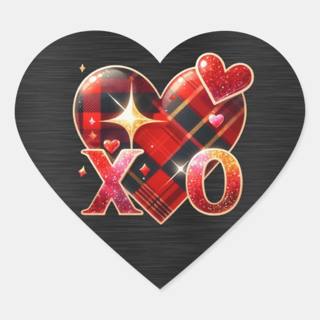 XO Heart Love Black Red Plaid Heart Sticker (Front)