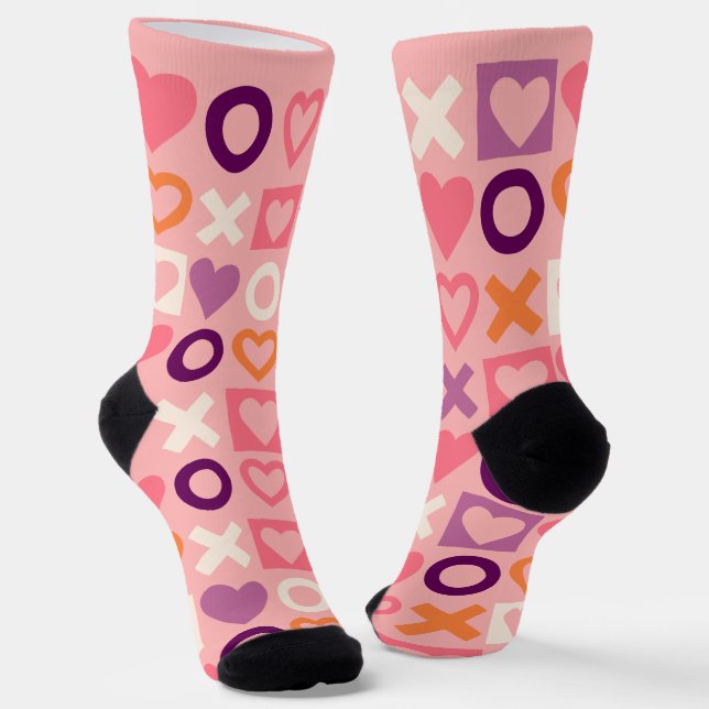 XO Hearts Love Pattern Crew Socks (Angled)