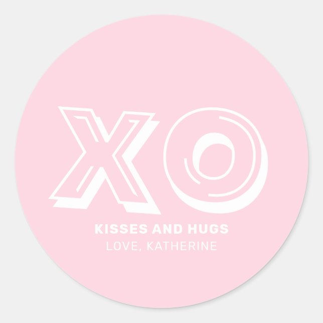 XO kisses and hugs pink modern custom text cute Classic Round Sticker (Front)