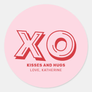 XO kisses and hugs pink red modern custom text Classic Round Sticker