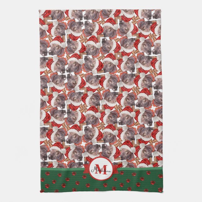 Xoloitzcuintle Pattern Monogram Christmas Dog Tea Towel (Vertical)