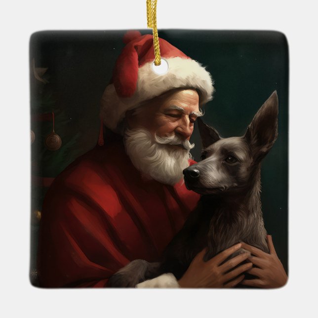 Xoloitzcuintli With Santa Claus Festive Christmas Ceramic Ornament (Front)