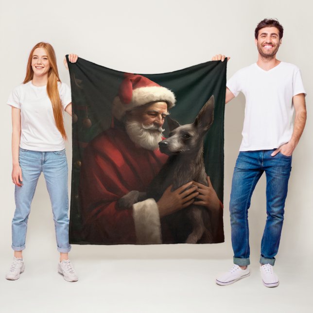Xoloitzcuintli With Santa Claus Festive Christmas Fleece Blanket (In Situ)