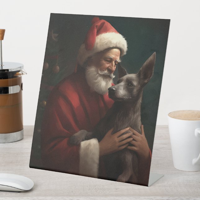 Xoloitzcuintli With Santa Claus Festive Christmas Pedestal Sign (In SItu)
