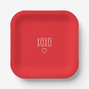 'XOXO' Bold Romantic Red White Valentine's Day Paper Plate
