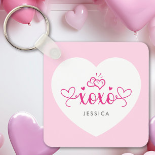 XOXO Custom Text Photo Cute Pink Hearts Key Ring