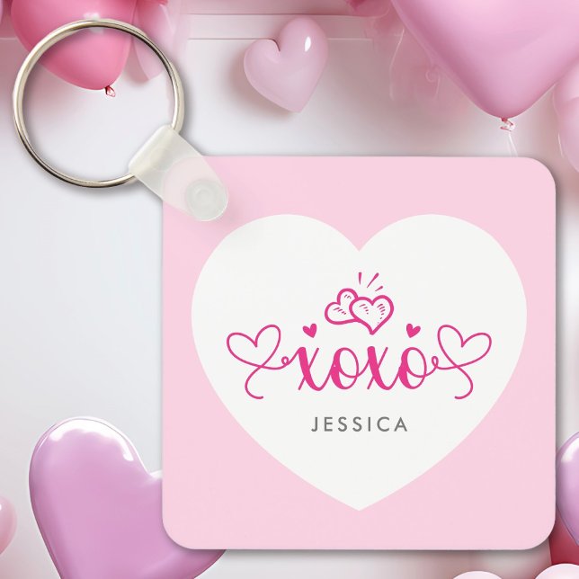 XOXO Custom Text Photo Cute Pink Hearts Key Ring (Creator Uploaded)