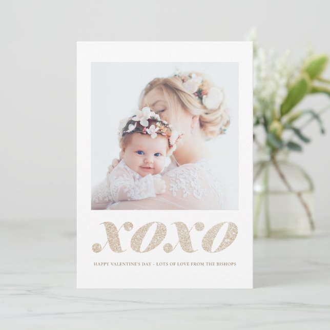 XOXO Faux Champagne Gold Glitter Valentine's Day Holiday Card (Standing Front)