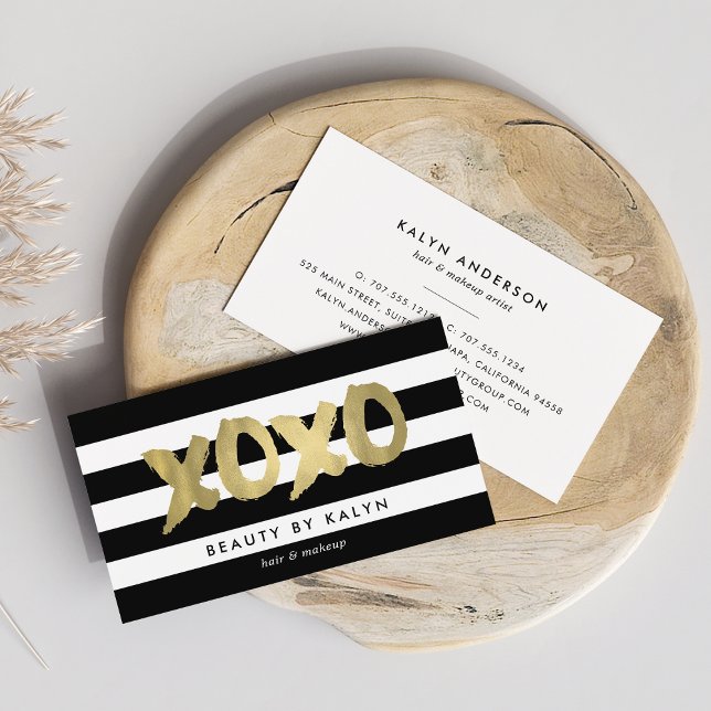 XOXO Faux Gold & Black Stripe Makeup Artist Business Card (Creator Uploaded)